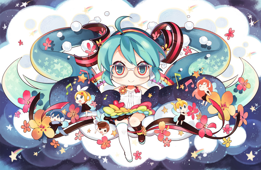 2boys 4girls :&gt; :d :o ^_^ beamed_eighth_notes blonde_hair blue_hair brown_hair butterfly_wings chibi closed_eyes closed_eyes clouds colorful commentary_request eighth_note eyebrows_visible_through_hair flat_sign flower full_body glasses happy hatsune_miku headphones kagamine_len kagamine_rin kaito long_hair mao_yu megurine_luka meiko multicolored multicolored_eyes multiple_boys multiple_girls musical_note no_nose open_mouth orange_flower pink_hair quarter_note rainbow red_flower shooting_star sky smile star star_(sky) starry_sky treble_clef twintails very_long_hair vocaloid wings