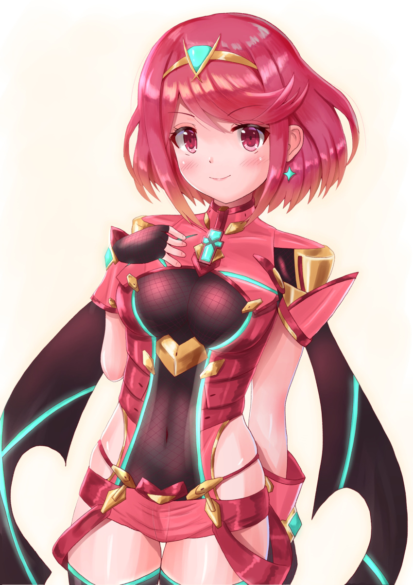 1girl armor bangs blush breasts cocoasabure covered_navel earrings fingerless_gloves gem gloves hair_ornament headpiece highres pyra_(xenoblade) jewelry large_breasts looking_at_viewer nintendo red_eyes red_shorts redhead short_hair short_shorts shorts shoulder_armor simple_background smile solo swept_bangs thigh-highs tiara white_background xenoblade_(series) xenoblade_2