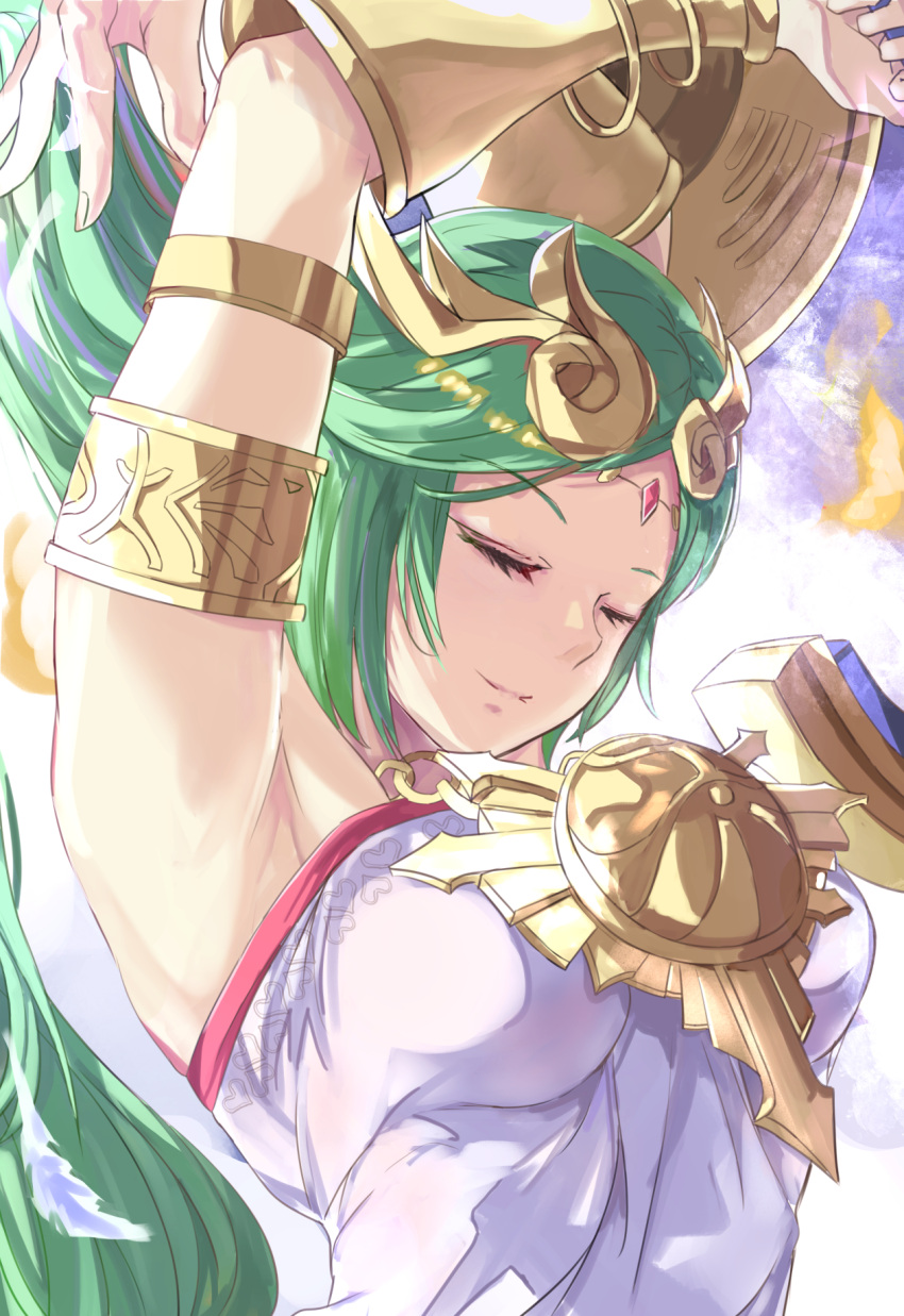 1girl armlet armpits arms_up bangle bracelet breasts closed_eyes dress eyelashes forehead_jewel green_hair hair_ornament highres jewelry kid_icarus long_hair medium_breasts nintendo palutena sleeveless sleeveless_dress smile solo super_smash_bros. tomas_(kaosu22) upper_body vambraces white_dress