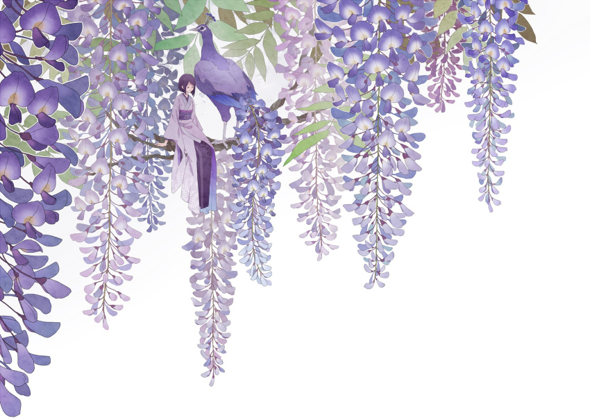 1girl animal bird branch closed_eyes commentary_request flower highres kamura_gimi leaf long_sleeves original oversized_animal purple_flower purple_hair short_hair simple_background sitting smile white_background wide_shot wisteria