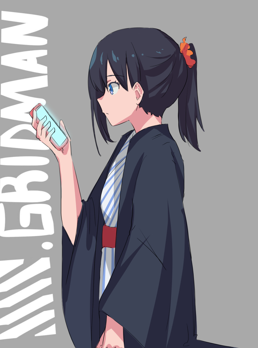 1girl absurdres alternate_hairstyle black_hair blue_eyes cellphone commentary copyright_name from_side grey_background hair_ornament hair_scrunchie highres holding holding_phone japanese_clothes kimono long_hair looking_at_phone orange_scrunchie phone ponytail scrunchie simple_background sitnon smartphone solo ssss.gridman striped striped_kimono takarada_rikka yukata