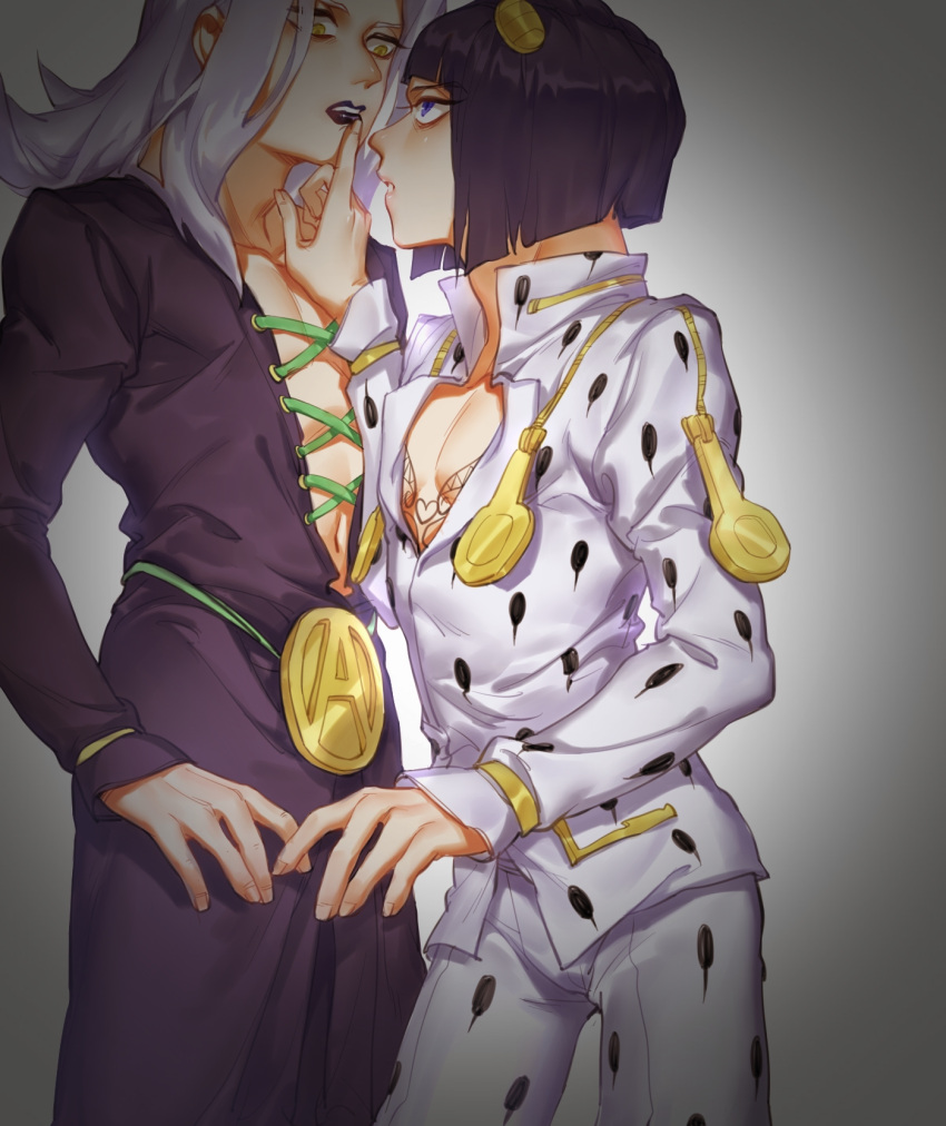 2boys belt_buckle black_hair black_lipstick bob_cut bruno_buccellati buckle finger_to_another's_mouth grey_hair hair_ornament highres iroha741852963 jojo_no_kimyou_na_bouken leone_abbacchio lipstick long_hair makeup male_focus multiple_boys vento_aureo yellow_eyes zipper