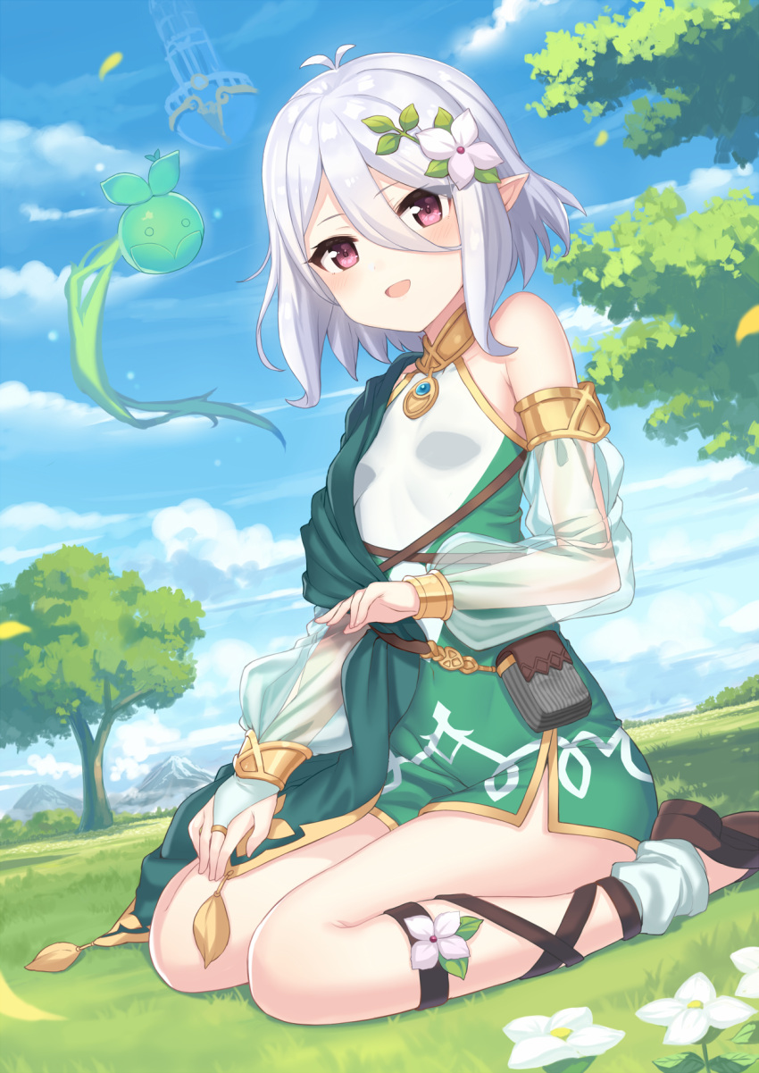 1girl :d antenna_hair bangs bare_shoulders blue_sky blush breasts bridal_gauntlets brown_footwear clouds commentary_request day dress eyebrows_visible_through_hair flower grass green_dress green_sleeves hair_between_eyes hair_flower hair_ornament hajime_kaname highres kokkoro_(princess_connect!) long_sleeves looking_at_viewer on_grass open_mouth outdoors pointy_ears princess_connect! princess_connect!_re:dive puffy_long_sleeves puffy_sleeves red_eyes sandals see-through see-through_sleeves shoe_soles silver_hair sitting sky sleeveless sleeveless_dress small_breasts smile solo tree wariza white_flower