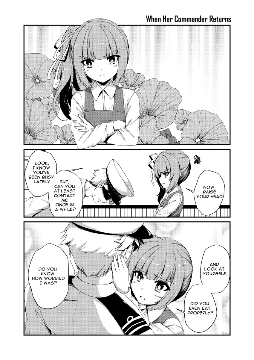 1boy 1girl 3koma admiral_(kantai_collection) bangs bowing closed_mouth collared_shirt comic couple crossed_arms dress dress_shirt english_text eyebrows_visible_through_hair flower frown greyscale hair_ribbon hands_on_another's_face hat head_tilt height_difference highres kantai_collection kasumi_(kantai_collection) long_hair long_sleeves looking_at_another military military_uniform monochrome open_mouth peaked_cap pinafore_dress remodel_(kantai_collection) ribbon sheita shiny shiny_hair shirt side_ponytail sidelocks sleeveless sleeveless_dress speech_bubble standing sweatdrop talking uniform upper_body v-shaped_eyebrows