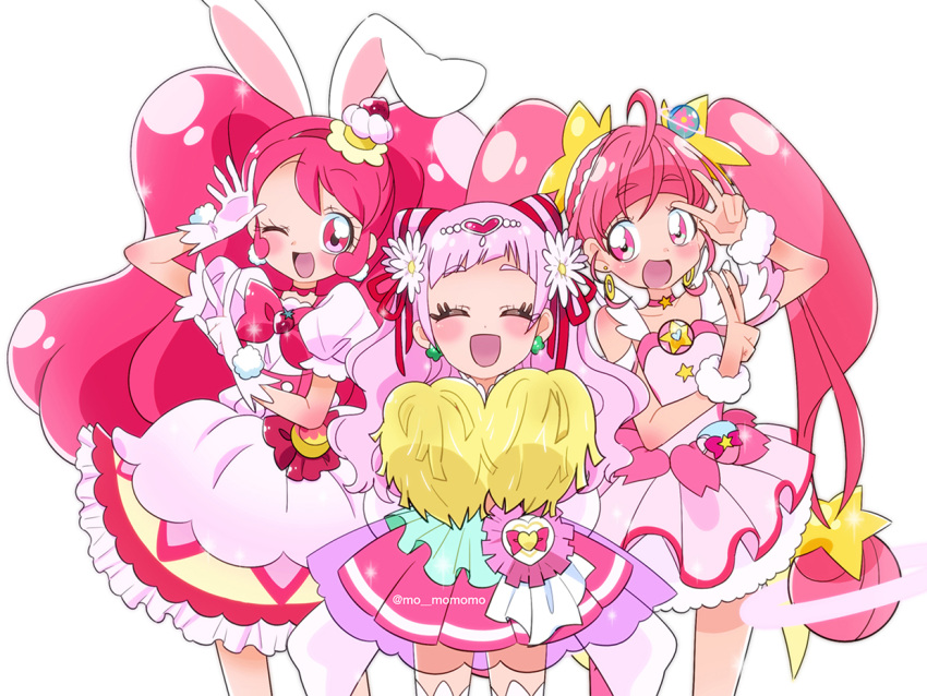 3girls ;d animal_ears bow cake_hair_ornament choker closed_eyes color_connection cowboy_shot cure_star cure_whip cure_yell double_bun double_v dress earrings extra_ears eyelashes facing_viewer flower food_themed_hair_ornament gloves hair_color_connection hair_flower hair_ornament hair_ribbon hairband hoshina_hikaru hugtto!_precure jewelry kirakira_precure_a_la_mode long_hair looking_at_viewer magical_girl momomo_(344343) multiple_girls nono_hana one_eye_closed open_mouth pink_bow pink_eyes pink_hair pink_neckwear pink_skirt precure rabbit_ears red_hairband red_ribbon ribbon see-through simple_background skirt smile standing star star_choker star_hair_ornament star_twinkle_precure thigh-highs twintails usami_ichika v white_background white_dress white_gloves zettai_ryouiki