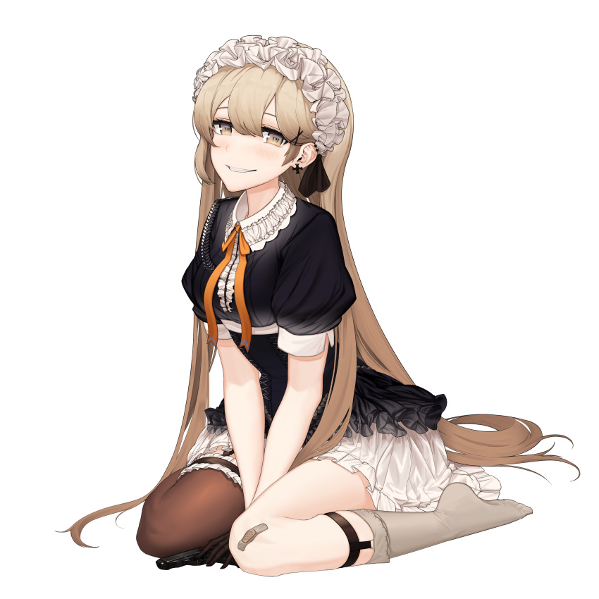 1girl absurdres bandaid bandaid_on_knee between_legs black_gloves earrings frills girls_frontline gloves grin gun hachirodesu hair_ornament hairband hairclip hand_between_legs handgun highres jewelry long_hair looking_at_viewer ppk_(girls_frontline) ribbon single_thighhigh smile sock_garters socks solo thigh-highs walther walther_ppk weapon yellow_eyes