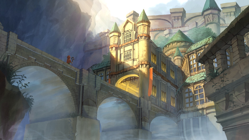 1other absurdres ambiguous_gender banner bridge castle clouds cloudy_sky day fantasy fog gate graphite_(medium) highres holding holding_staff original outdoors poppo_sutchy scenery sky staff traditional_media window
