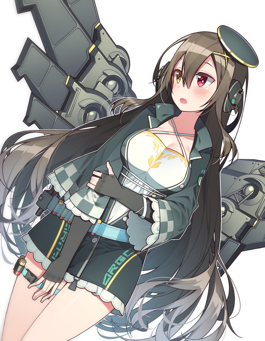 1girl armor bandolier bangs black_gloves blush breasts brown_hair cowboy_shot criss-cross_halter dutch_angle elbow_gloves fingerless_gloves girls_frontline gloves hair_between_eyes hair_ornament halterneck hand_on_own_arm hat headphones heterochromia highres hop3 long_hair looking_to_the_side m1014_(girls_frontline) medium_breasts open_mouth red_eyes shotgun_shells sidelocks solo standing thigh_strap thighs very_long_hair white_background wide_sleeves x_hair_ornament yellow_eyes