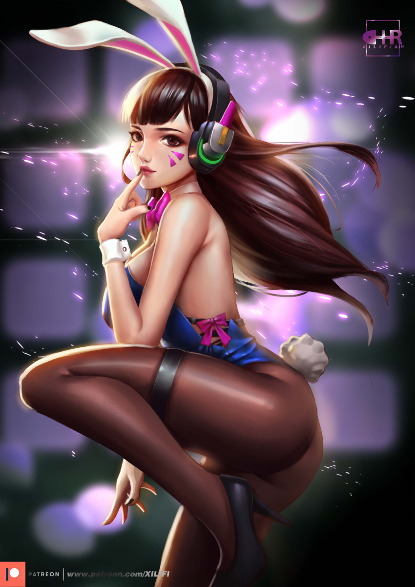 1girl absurdres animal_ears animal_print artist_name ass bare_shoulders black_footwear black_nails blue_leotard blurry blurry_background bow bowtie breasts brown_eyes brown_hair brown_legwear bunny_girl bunny_print bunny_tail bunnysuit cowboy_shot d.va_(overwatch) detached_collar eyelashes facepaint facial_mark fake_animal_ears finger_to_mouth fingernails headphones high_heels highres large_breasts leg_up leotard lips lipstick long_hair looking_at_viewer makeup nail_polish nose overwatch pantyhose pink_lips rabbit_ears realistic solo strapless strapless_leotard tail watermark web_address whisker_markings wrist_cuffs xili_fish