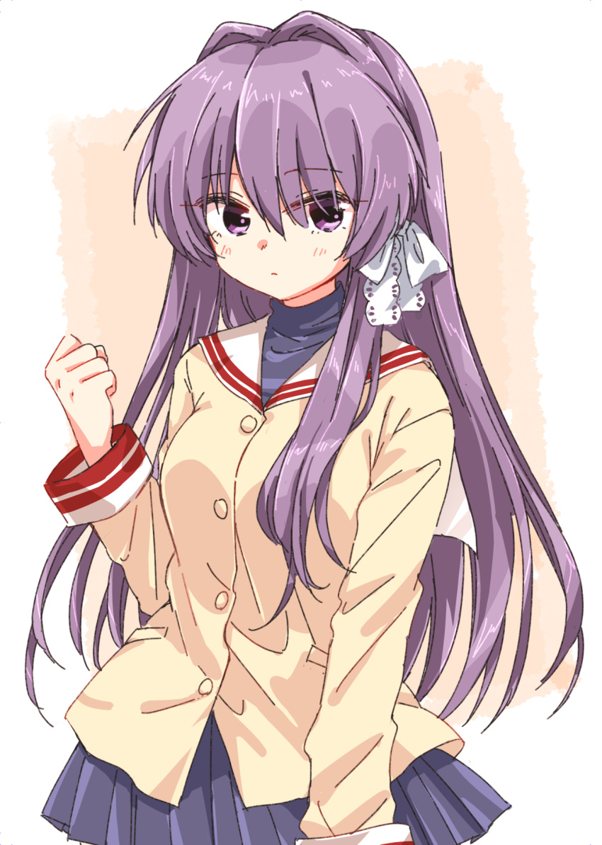 1girl bangs blue_skirt blush breasts buttons clannad clenched_hand closed_mouth commentary_request fujibayashi_kyou hair_between_eyes hair_intakes hair_over_one_eye hair_ribbon hand_up highres hikarizaka_private_high_school_uniform long_hair long_sleeves looking_at_viewer matsuda_hikari medium_breasts miniskirt pleated_skirt purple_hair ribbon sailor_collar school_uniform shirt sidelocks skirt solo standing upper_body violet_eyes white_ribbon white_sailor_collar yellow_shirt