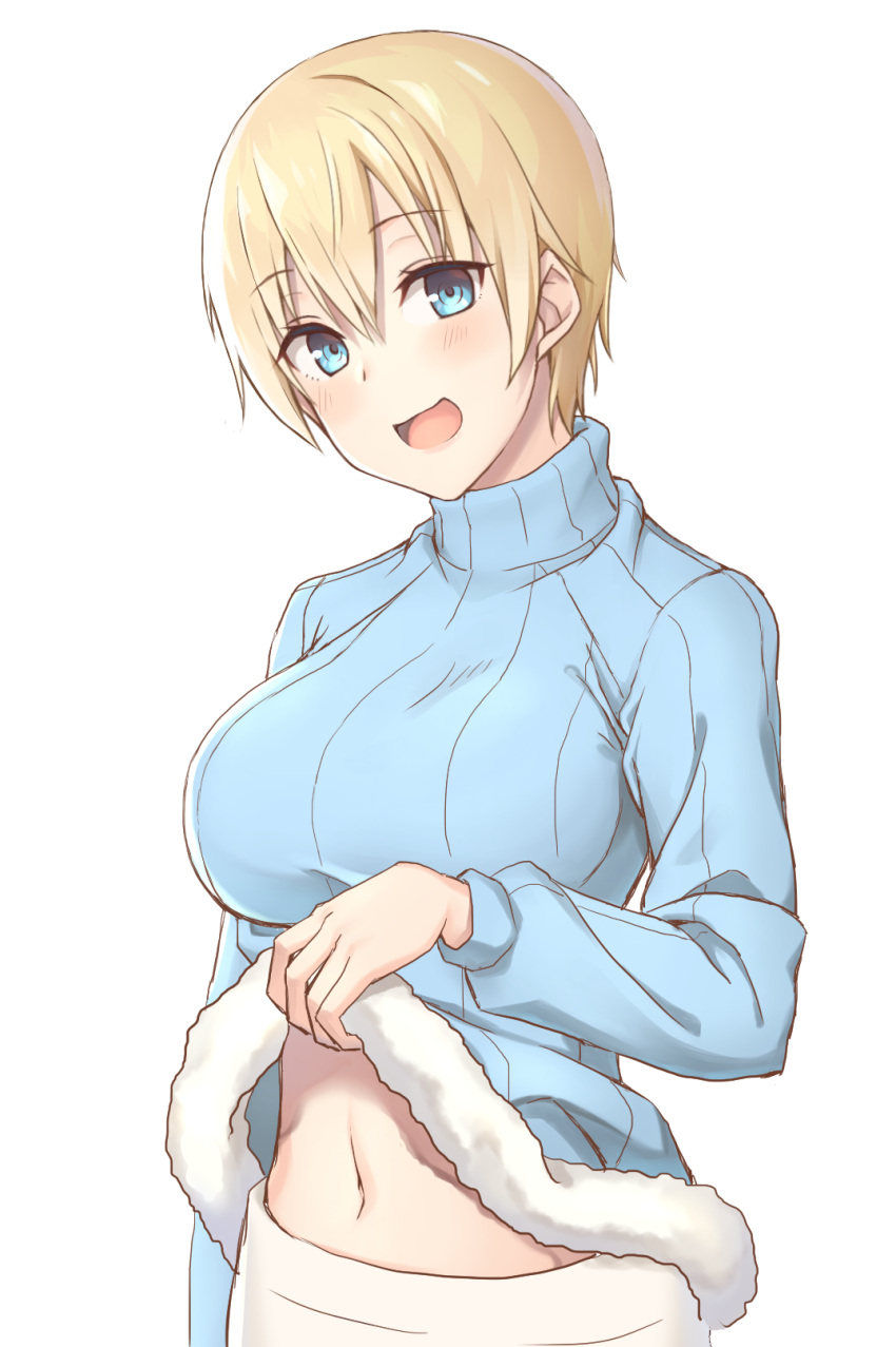 1girl :d bangs blonde_hair blue_eyes blue_sweater blush brave_witches breasts clothes_lift cowboy_shot eyebrows_visible_through_hair fur_trim hair_between_eyes highres impossible_clothes large_breasts lifted_by_self lips long_sleeves looking_at_viewer momiji7728 navel nikka_edvardine_katajainen open_mouth short_hair simple_background smile solo sweater sweater_lift turtleneck turtleneck_sweater white_background world_witches_series