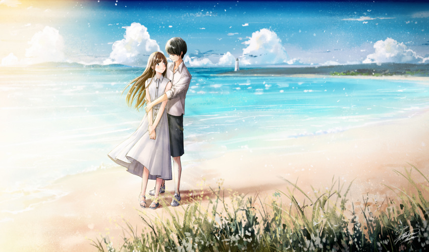 beach black_eyes black_hair black_shorts blue_sky blush brown_hair closed_mouth clouds collared_shirt couple day dress earrings eye_contact grass grey_dress grey_shirt hetero highres hug hug_from_behind jewelry kazuharu_kina lighthouse long_hair looking_at_another mountainous_horizon ocean original outdoors own_hands_together sandals shirt shoes shore shorts sky sleeveless sleeveless_dress sleeves_pushed_up smile standing v_arms water white_footwear wide_shot wind
