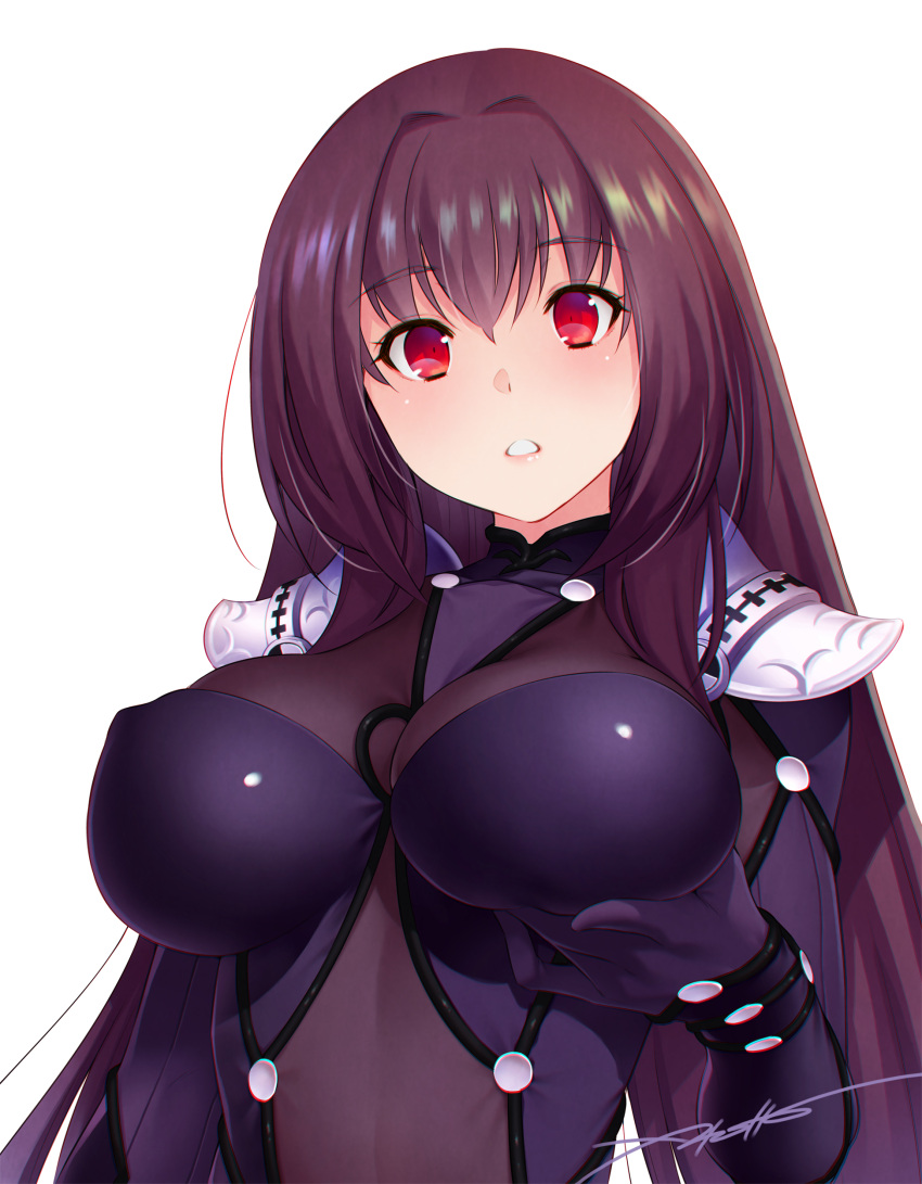 1girl :o absurdres bodysuit breast_grab breasts covered_nipples eyebrows_visible_through_hair fate/grand_order fate_(series) grabbing hair_intakes highres kazuma_muramasa large_breasts leotard long_hair looking_at_viewer open_mouth pauldrons purple_bodysuit purple_hair purple_leotard red_eyes scathach_(fate)_(all) scathach_(fate/grand_order) self_fondle shoulder_armor signature solo upper_body white_background