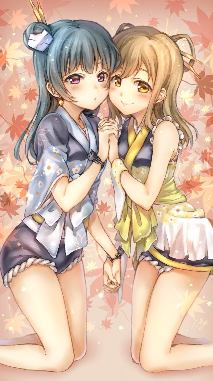 2girls bangs blue_hair blue_kimono blush bracelet brown_hair floral_print hair_ornament hair_rings hair_stick hand_holding haru_hina highres japanese_clothes jewelry kimono kneeling kunikida_hanamaru leaf leaf_background looking_at_viewer love_live! love_live!_sunshine!! multiple_girls my_mai_tonight sash short_shorts shorts side_bun signature smile tsushima_yoshiko violet_eyes wrist_cuffs yellow_eyes yellow_kimono