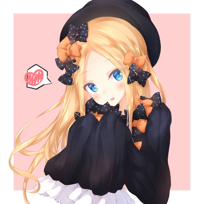 1girl abigail_williams_(fate/grand_order) bangs black_bow black_dress black_hat blonde_hair blue_eyes blush bow dress eyebrows_visible_through_hair fate/grand_order fate_(series) forehead hair_bow hands_up hat head_tilt heart highres long_hair long_sleeves numpopo open_mouth orange_bow parted_bangs pink_background polka_dot polka_dot_bow round_teeth sleeves_past_fingers sleeves_past_wrists solo spoken_heart teeth two-tone_background upper_body upper_teeth very_long_hair white_background