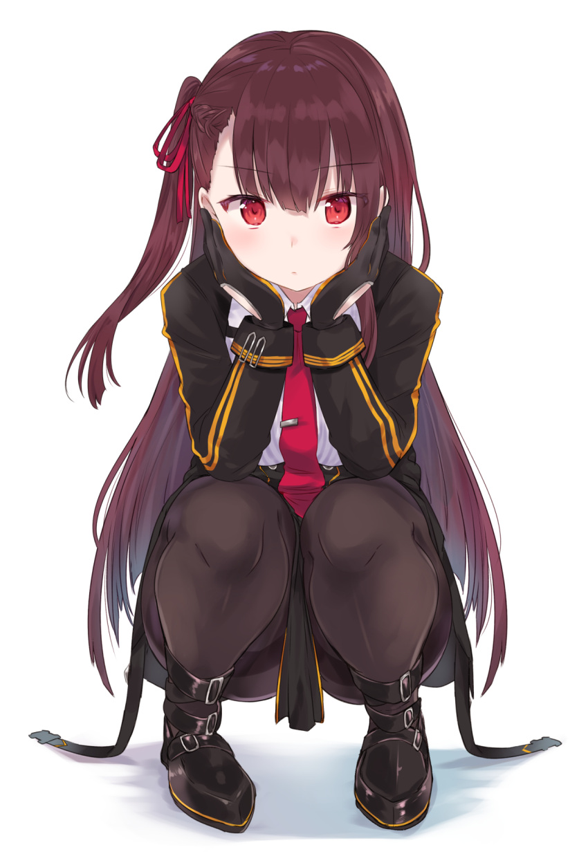 1girl arm_support bangs black_footwear black_gloves black_jacket black_skirt braid brown_hair brown_legwear chiune_(yachi) collared_shirt commentary_request eyebrows_visible_through_hair full_body girls_frontline gloves hair_between_eyes hair_ribbon highres jacket long_hair long_sleeves necktie one_side_up pantyhose red_eyes red_neckwear red_ribbon ribbon shadow shirt shoes skirt solo squatting thighband_pantyhose tie_clip v-shaped_eyebrows very_long_hair wa2000_(girls_frontline) white_background white_shirt