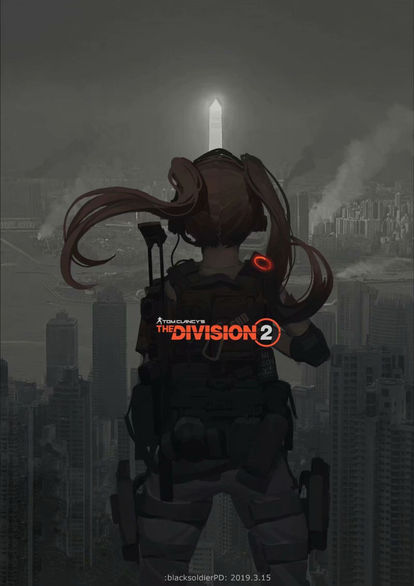1girl black_soldier brown_hair building clouds cloudy_sky commentary_request copyright_name dated elbow_pads facing_away floating_hair glowing grey_pants gun highres holster long_hair monochrome_background outdoors pants river shirt sky skyscraper smoke solo standing thigh_holster tom_clancy's_the_division twintails weapon weapon_request white_shirt