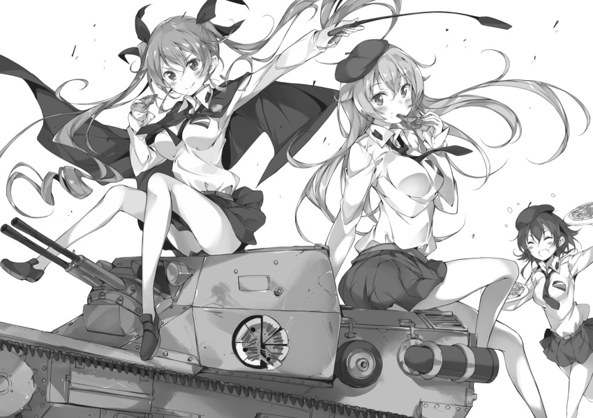:d :q anchovy anzio_(emblem) anzio_school_uniform bangs belt beret blush braid cape carpaccio carro_veloce_cv-33 closed_eyes dress_shirt drill_hair eating emblem eyebrows_visible_through_hair fang food from_side girls_und_panzer greyscale ground_vehicle hair_ribbon hat holding holding_food legs loafers long_hair long_sleeves looking_at_viewer loose_necktie military military_vehicle miniskirt monochrome motor_vehicle necktie open_mouth pantyhose pepperoni_(girls_und_panzer) pizza plate pleated_skirt pulp_piroshi ribbon riding_crop running school_uniform shirt shoes short_hair side_braid sitting skirt smile standing tank tongue tongue_out twin_drills twintails wind