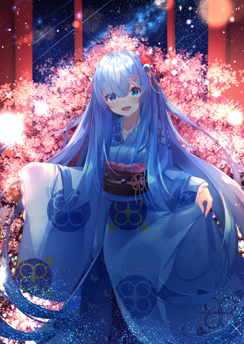 1girl :d absurdres alternate_costume alternate_hair_length alternate_hairstyle bangs blue_eyes blue_hair blue_kimono blurry blurry_background blush breasts commentary_request depth_of_field eyebrows_visible_through_hair falling_star flower hair_between_eyes hair_flower hair_ornament head_tilt highres japanese_clothes kimono long_hair long_sleeves night night_sky obi open_mouth pink_flower re:zero_kara_hajimeru_isekai_seikatsu red_flower rem_(re:zero) sash sky sleeves_past_fingers sleeves_past_wrists small_breasts smile solo star_(sky) starry_sky suisen-21 very_long_hair wide_sleeves x_hair_ornament