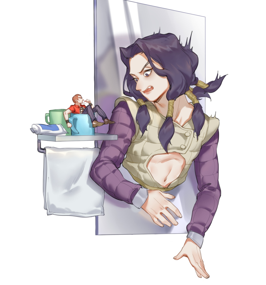 2boys bathroom black_hair brushing_teeth formaggio hex_tails highres illuso iroha741852963 jojo_no_kimyou_na_bouken male_focus midriff midriff_cutout miniboy mirror multiple_boys redhead toothbrush toothpaste towel vento_aureo