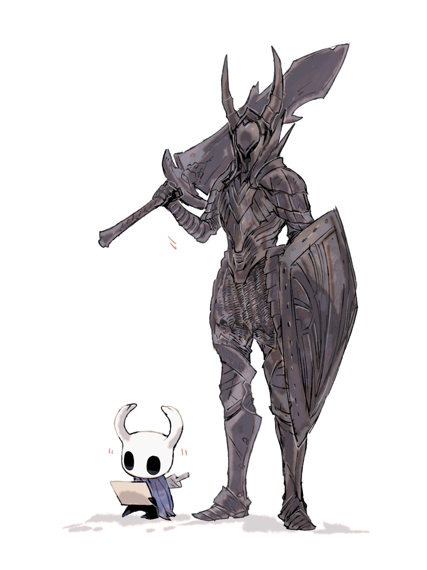 absurdres armor black_knight_(dark_souls) cloak dark_souls full_armor helmet highres hollow_knight horned_helmet knight_(hollow_knight) map over_shoulder shield size_difference souls_(from_software) sword weapon weapon_on_back weapon_over_shoulder white_background writing