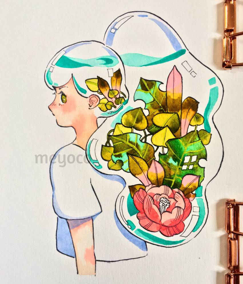 1girl artist_name bangs cropped_torso flower green_eyes highres leaf liquid long_hair looking_at_viewer meyoco original photo pink_flower ponytail profile shirt short_sleeves solo traditional_media upper_body white_shirt