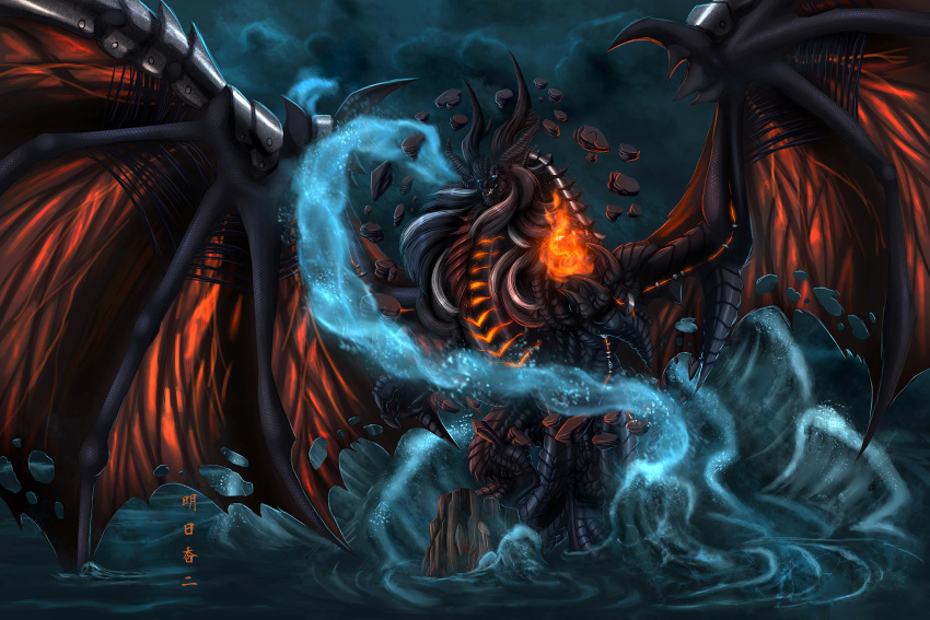 blue_eyes claws clouds cloudy_sky commentary deathwing dragon dragon_horns dragon_tail dragon_wings english_commentary fire ghostwalker2061 glowing glowing_eyes highres horn horns large_wings long_hair looking_at_viewer male_focus no_humans rock scales sky slit_pupils solo tagme tail very_long_hair warcraft water western_dragon wings world_of_warcraft wyvern