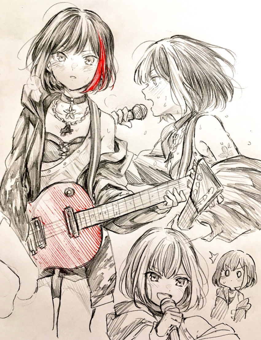 /\/\/\ 1girl :d bang_dream! bangs blush bob_cut breath chain_necklace choker electric_guitar guitar haru_hina highres holding holding_microphone hood hood_down hooded_jacket instrument jacket jewelry long_sleeves microphone mitake_ran multicolored_hair multiple_views music o_o off_shoulder open_mouth paint_stains pants pendant playing_instrument redhead short_hair shoulder_tattoo smile spot_color streaked_hair sweat sweatdrop tattoo traditional_media v-shaped_eyebrows