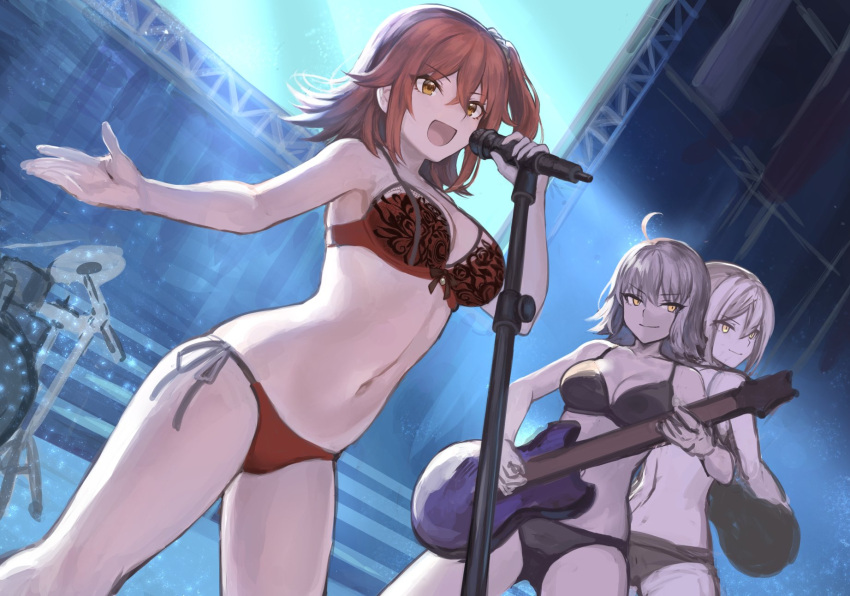 3girls ahoge artoria_pendragon_(all) bangs bare_shoulders blonde_hair bra breasts collarbone fate/grand_order fate/stay_night fate_(series) fujimaru_ritsuka_(female) guitar hair_between_eyes highres instrument jeanne_d'arc_(alter)_(fate) jeanne_d'arc_(fate)_(all) large_breasts long_hair looking_at_viewer mashu_003 microphone multiple_girls navel one_side_up open_mouth orange_eyes orange_hair panties saber_alter scrunchie short_hair side_ponytail silver_hair smile thighs underwear yellow_eyes