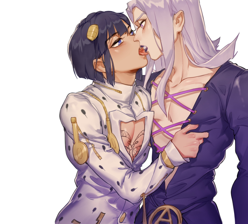 2boys black_hair blue_eyes bob_cut bruno_buccellati cleavage_cutout grey_hair hair_ornament highres imminent_kiss iroha741852963 jojo_no_kimyou_na_bouken leone_abbacchio long_hair male_focus multiple_boys shirt_grab tongue tongue_out vento_aureo zipper