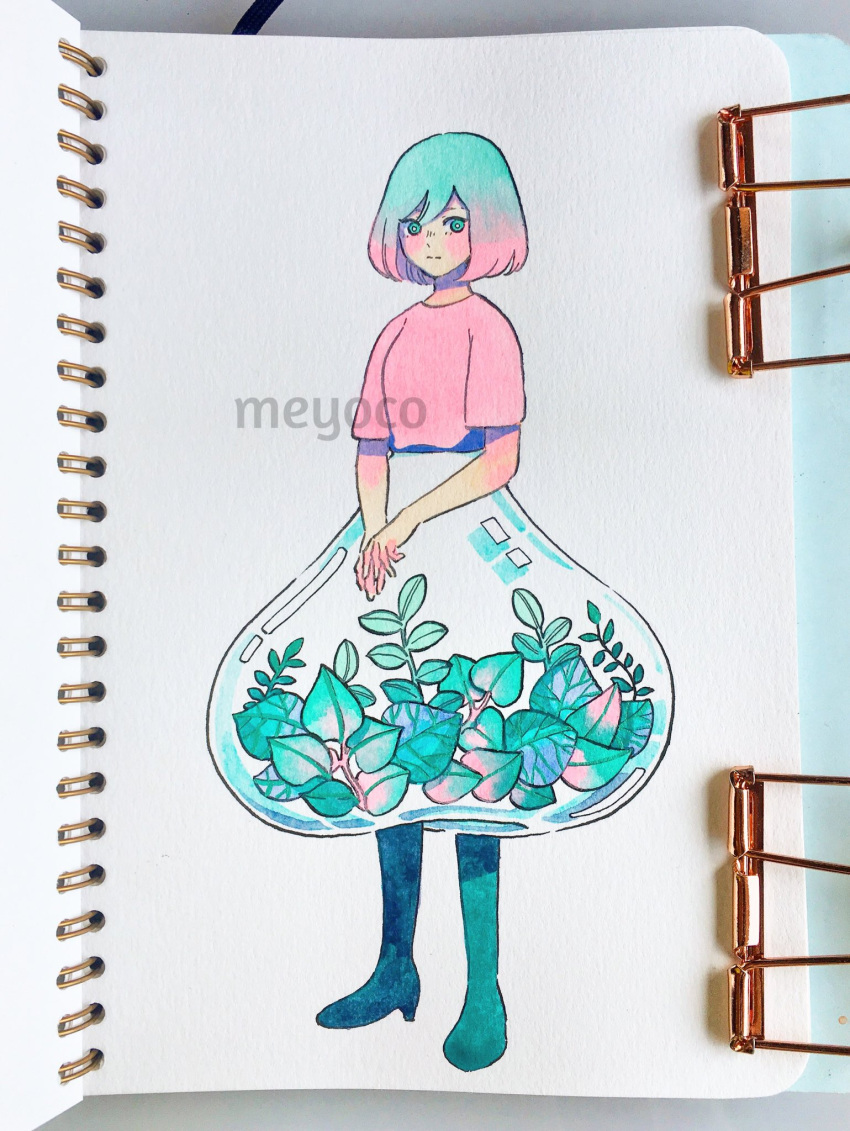 1girl aqua_eyes aqua_hair artist_name full_body gradient_hair hands_together highres leaf looking_at_viewer meyoco multicolored_hair original photo pink_hair pink_shirt shirt short_hair short_sleeves simple_background solo standing traditional_media white_background