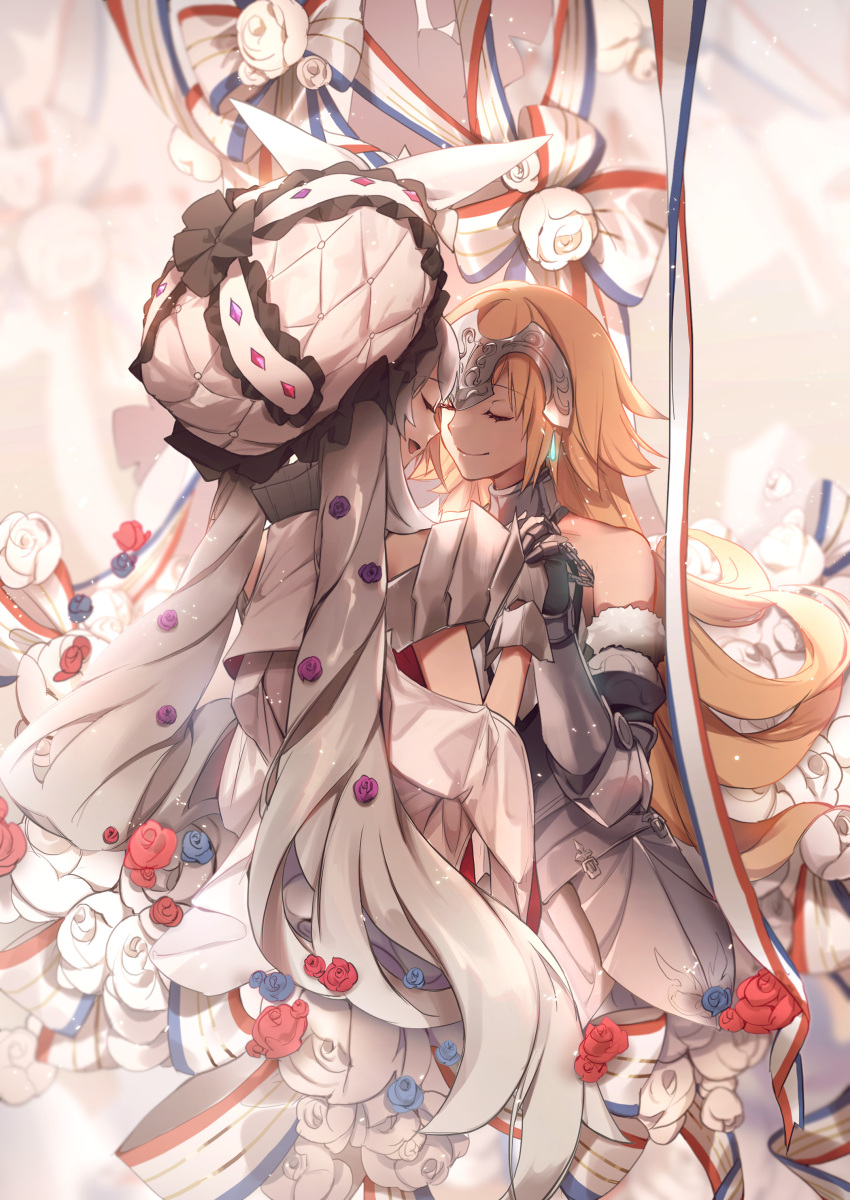 2girls absurdres armor armored_dress blonde_hair blue_flower chains dress fate/grand_order fate_(series) faulds flower fur_trim gauntlets hand_holding headpiece highres jeanne_d'arc_(fate) jeanne_d'arc_(fate)_(all) long_hair marie_antoinette_(fate/grand_order) multiple_girls no-kan plackart red_flower silver_hair twintails very_long_hair white_dress white_hair yuri