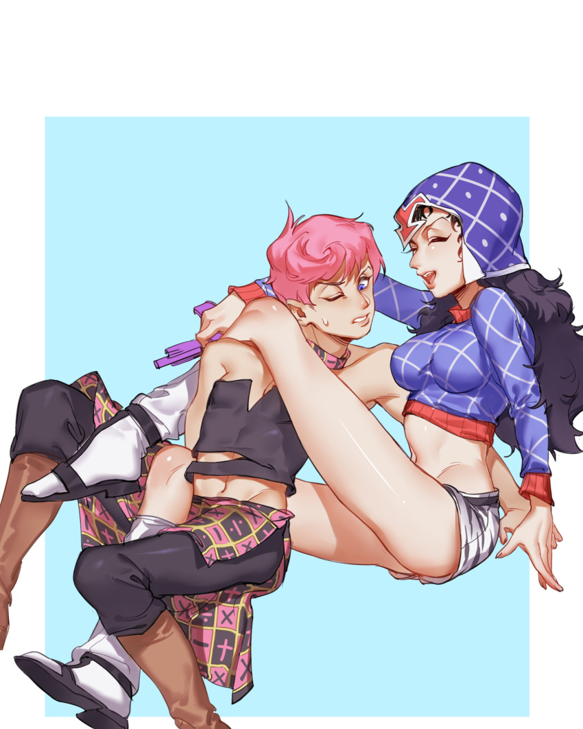 1boy 1girl argyle argyle_sweater black_hair blue_eyes genderswap genderswap_(ftm) genderswap_(mtf) guido_mista gun hat highres iroha741852963 jojo_no_kimyou_na_bouken long_hair one_eye_closed pants pink_hair sweater trish_una vento_aureo weapon