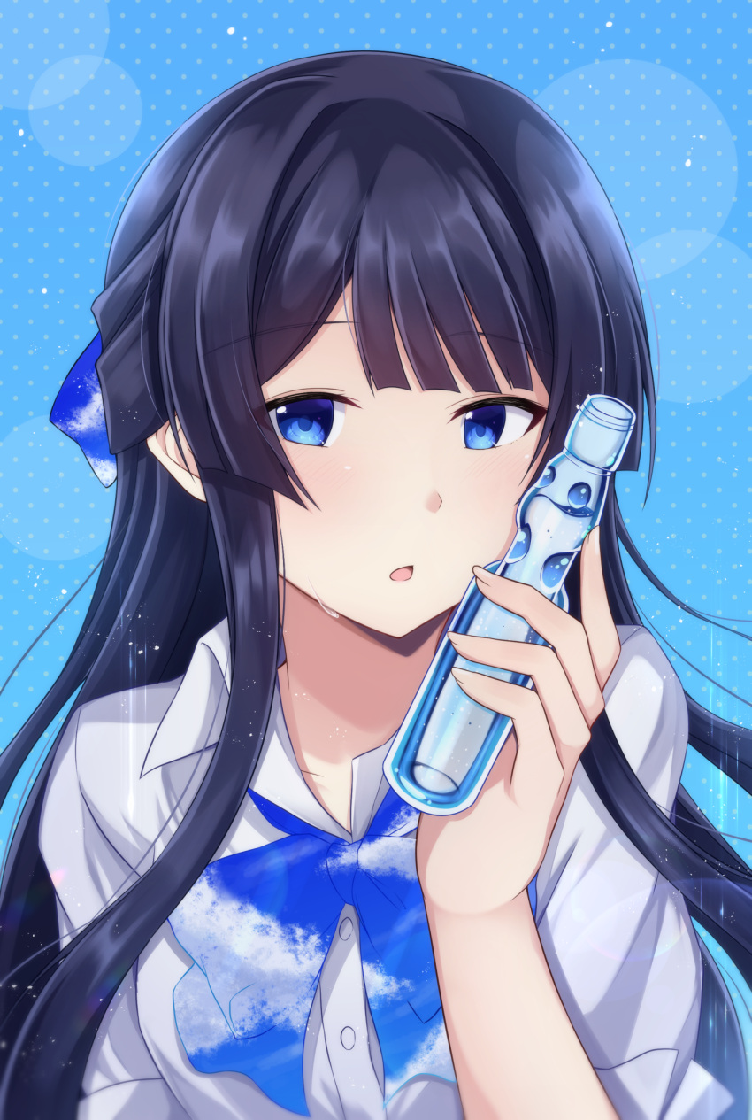 1girl black_hair black_rabbit blue_background blue_eyes blue_neckwear blue_ribbon bottle dress_shirt eyebrows_visible_through_hair floating_hair hair_ribbon highres holding holding_bottle idolmaster idolmaster_million_live! lens_flare long_hair mogami_shizuka open_mouth polka_dot polka_dot_background ramune ribbon shiny shiny_hair shirt solo very_long_hair white_shirt