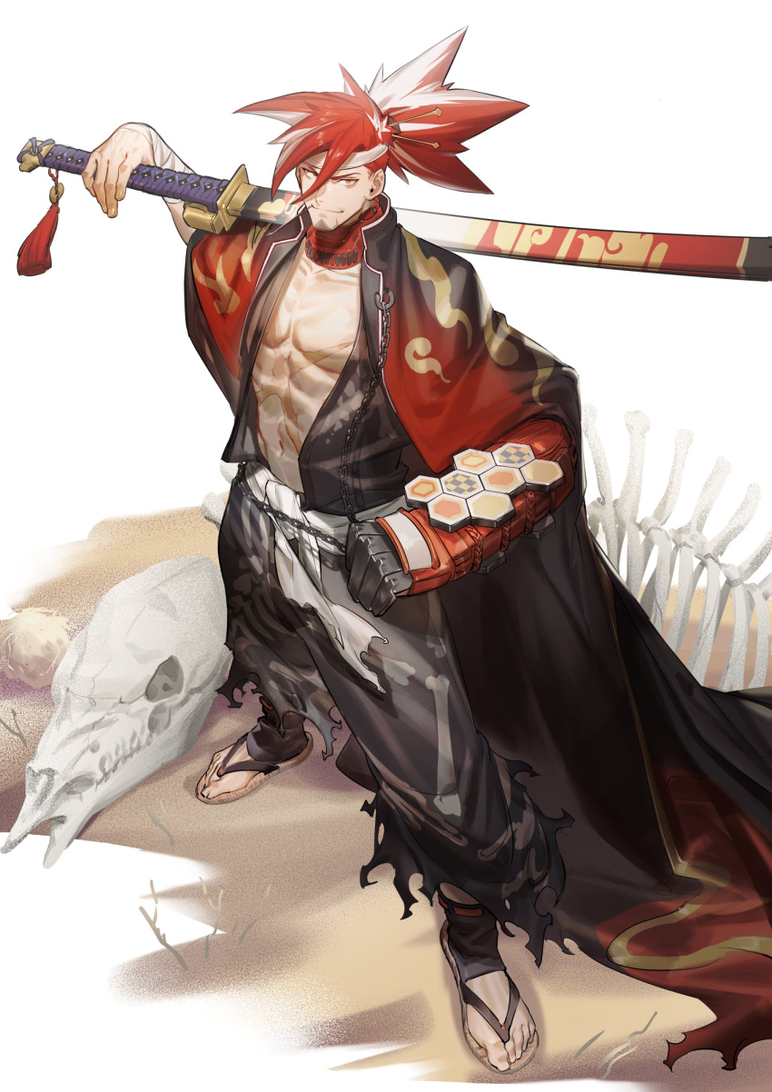 1boy abs alchemy_stars animal_skull bandaged_arm bandages black_cloak black_kimono carrying_over_shoulder chain cloak closed_mouth facial_hair full_body goatee hair_ornament hairpin headband highres japanese_clothes katana kimono looking_at_viewer male_focus mechanical_arms mouth_hold multicolored_hair navel open_clothes open_kimono pectorals prosthesis prosthetic_arm redhead sandals scar scar_on_chest sheath sheathed single_mechanical_arm sinsa_(alchemy_stars) skeleton smile snakeping socks stalk_in_mouth standing sword toeless_legwear torn_clothes two-tone_hair v-shaped_eyebrows weapon white_hair