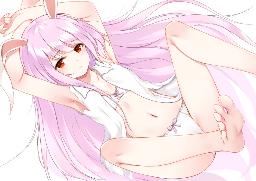 1girl animal_ears armpits arms_up bangs bare_arms bare_legs bare_shoulders barefoot blush bow bow_panties bra breasts collarbone commentary eyebrows_visible_through_hair feet_out_of_frame flan_(seeyouflan) highres knees_up long_hair looking_at_viewer navel open_clothes open_shirt panties pink_bow pink_hair rabbit_ears red_eyes reisen_udongein_inaba shirt simple_background sleeveless sleeveless_shirt small_breasts solo stomach thighs torn_clothes torn_shirt touhou underwear very_long_hair white_background white_bra white_panties white_shirt