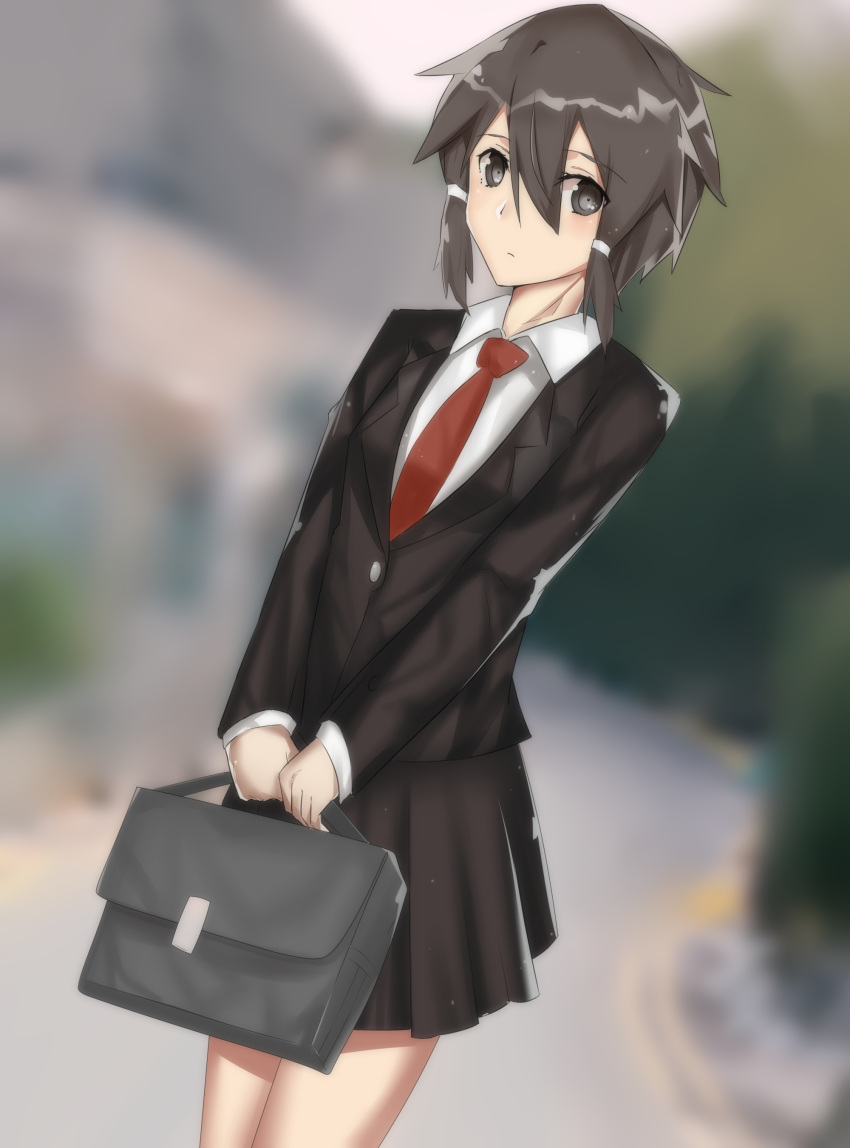 1girl absurdres asada_shino bag blazer brown_eyes brown_hair brown_jacket brown_skirt chinese_commentary commentary_request cowboy_shot hair_between_eyes hair_ribbon highres holding holding_bag jacket looking_at_viewer necktie pleated_skirt red_neckwear ribbon school_uniform short_hair sinon sitnon skirt solo sword_art_online tress_ribbon