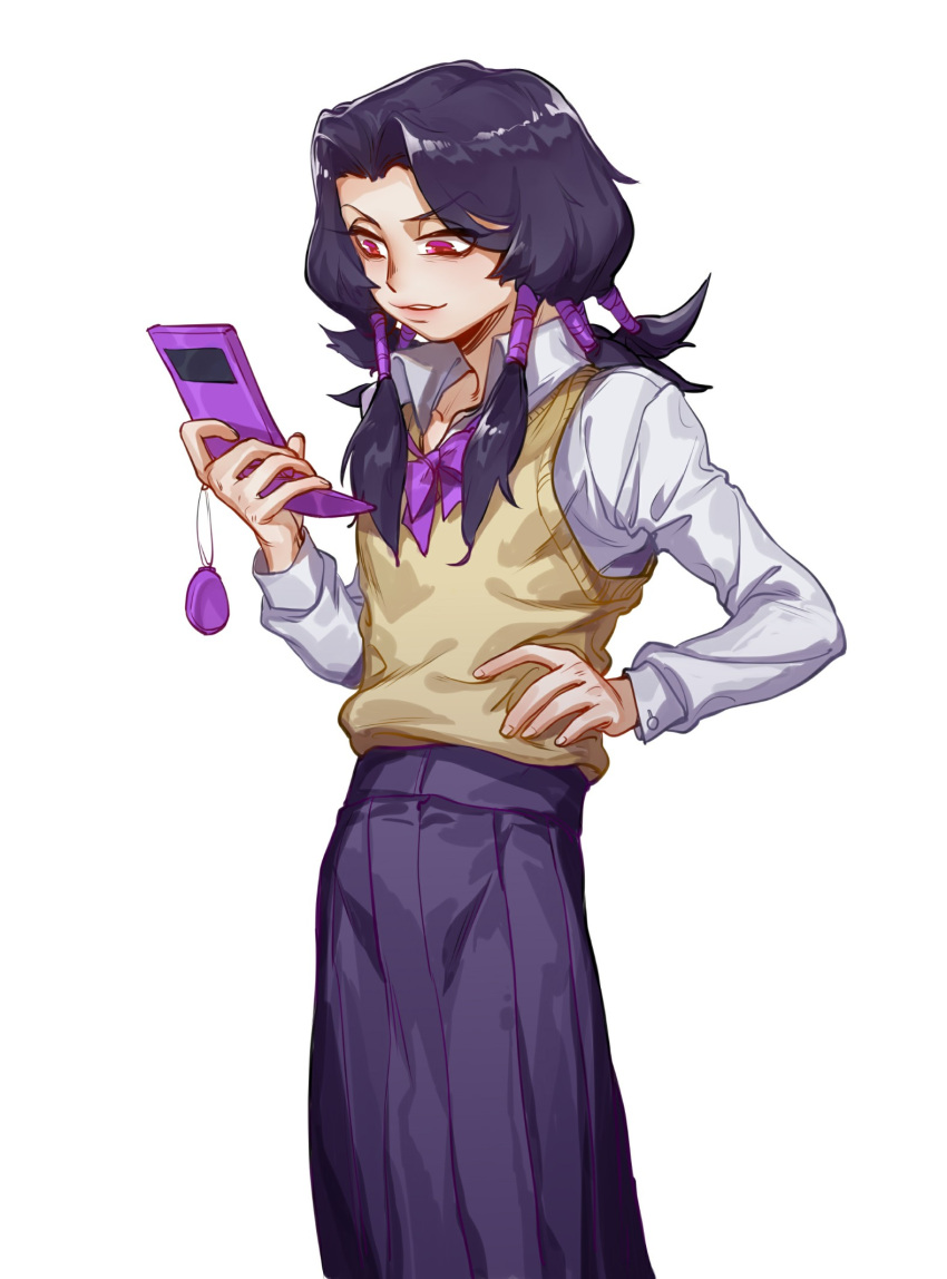 1boy black_hair cellphone cellphone_charm crossdressinging flip_phone hand_on_hip hex_tails highres illuso iroha741852963 jojo_no_kimyou_na_bouken long_skirt male_focus phone pleated_skirt skirt solo sweater_vest vento_aureo violet_eyes