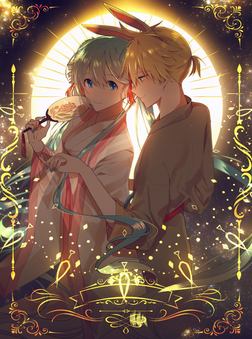 1boy 1girl animal_ears aqua_hair blonde_hair blue_eyes commentary_request fan floral_print flower from_side hand_holding hatsune_miku highres holding holding_fan japanese_clothes kagamine_len kimono korean_commentary long_hair nail_polish paper_fan ponytail rabbit_ears rose short_hair smile star_(sky) twintails uchiwa universe very_long_hair vocaloid yys8487