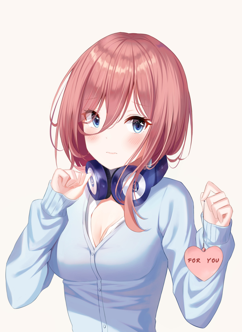 1girl 3: absurdres blue_cardigan blue_eyes blush breasts cleavage closed_mouth commentary_request english_text eyebrows_visible_through_hair frown go-toubun_no_hanayome hair_between_eyes headphones headphones_around_neck heart highres holding long_hair long_sleeves looking_at_viewer medium_breasts nakano_miku niji_(rudduf232) redhead school_uniform sleeves_past_wrists solo upper_body