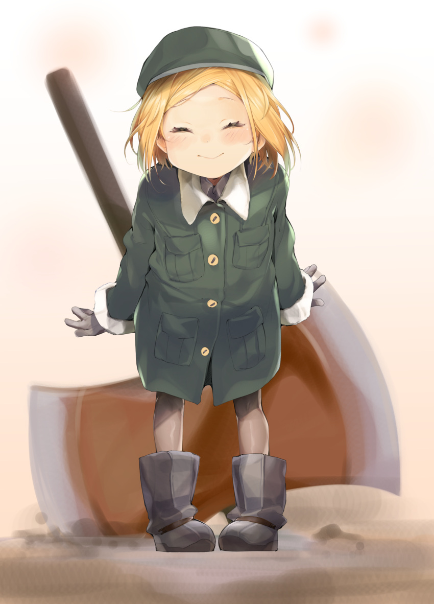 1girl ^_^ axe bangs battle_axe beret black_footwear blonde_hair blush boots brown_gloves brown_legwear closed_eyes closed_eyes closed_mouth collared_shirt commentary_request facing_viewer fate/grand_order fate_(series) forehead gloves green_hat green_jacket hat highres jacket leaning_forward long_sleeves pantyhose parted_bangs paul_bunyan_(fate/grand_order) pigeon-toed shirt short_hair solo standing uno_ryoku weapon white_shirt