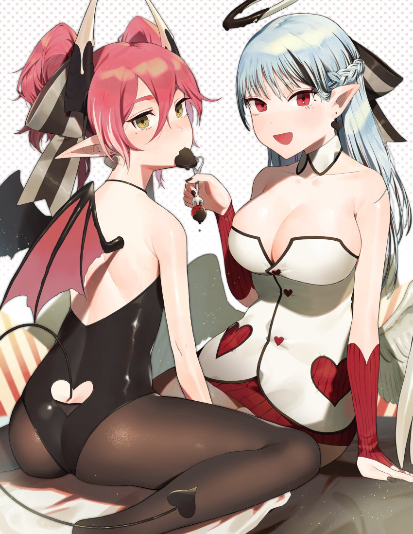 2girls angel_wings ass bangs bare_shoulders black_legwear black_leotard black_nails blue_hair braid breasts bridal_gauntlets chocolate chocolate_heart cleavage collarbone demon_girl demon_horns demon_tail demon_wings detached_collar earrings feathered_wings female fingernails food food_in_mouth fork french_braid fruit hair_between_eyes halo hand_up heart heart_cutout heart_earrings highres holding holding_fork horns jewelry large_breasts leotard light_blue_hair long_hair looking_at_viewer mole mole_under_eye multicolored_hair multiple_girls nail_polish original pantyhose pink_eyes pink_hair pink_wings pointy_ears shibainu sitting straight_hair strapless strawberry streaked_hair tail tail_cutout twintails two-tone_hair wariza white_wings wings