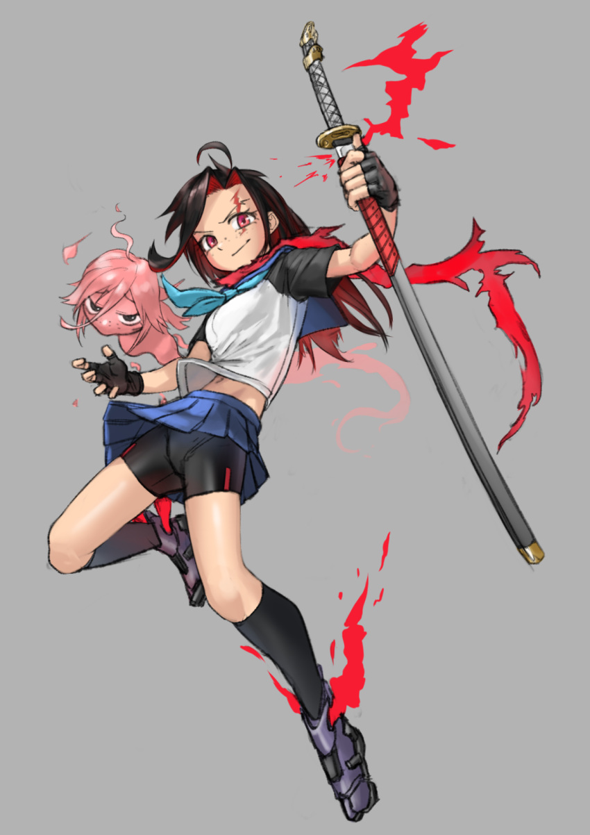 2girls ahoge bike_shorts black_hair black_legwear commentary drawing_sword fingerless_gloves ghost gloves highres holding holding_sword holding_weapon katana kilye_4421 multicolored_hair multiple_girls navel original red_eyes red_scarf redhead saya_(scabbard) scar scar_across_eye scarf school_uniform serafuku short_sleeves shorts shorts_under_skirt simple_background sword two-tone_hair weapon