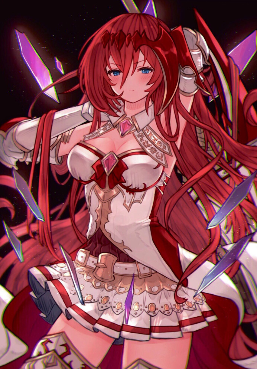 1girl armpits arms_behind_head arms_up bangs bare_shoulders belt black_background blue_eyes blush breasts cleavage closed_mouth elbow_gloves gauntlets gloves godguard_brodia granblue_fantasy hair_between_eyes hair_ornament highres large_breasts long_hair looking_at_viewer redhead rice_tea shards skirt solo sword thigh-highs thighs very_long_hair weapon
