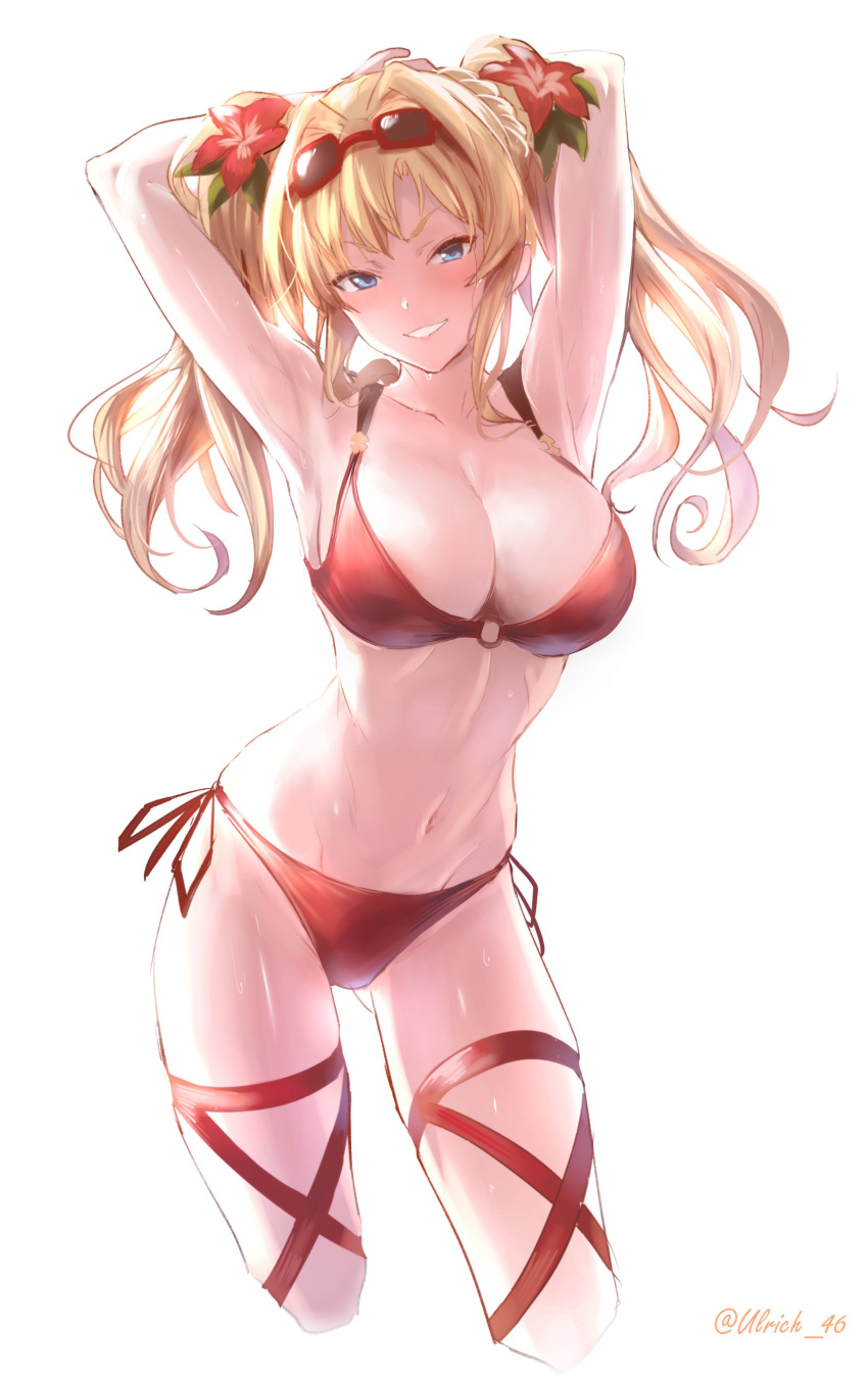 1girl absurdres ass_visible_through_thighs bikini blonde_hair blue_eyes breasts cleavage commentary_request eyewear_on_head flower granblue_fantasy hair_flower hair_ornament highres large_breasts long_hair o-ring o-ring_top red_bikini side-tie_bikini smile solo sunglasses swimsuit thigh_strap twintails twitter_username ulrich_(tagaragakuin) white_background zeta_(granblue_fantasy)