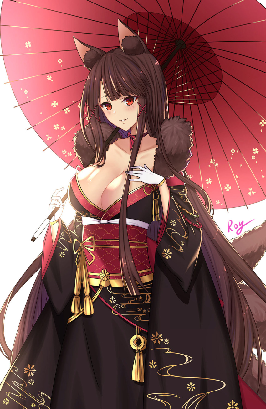 1girl akagi_(azur_lane) animal_ear_fluff animal_ears azur_lane bangs black_kimono blush breasts brown_hair cleavage collarbone eyebrows_visible_through_hair fox_ears fox_girl fox_tail fur-trimmed_kimono fur_trim gloves hair_ornament hands_up highres holding holding_umbrella japanese_clothes kimono kitsune large_breasts long_hair multiple_tails obi oriental_umbrella parted_lips red_eyes red_umbrella roi_(liu_tian) sash signature simple_background solo tail umbrella very_long_hair white_background white_gloves x_hair_ornament