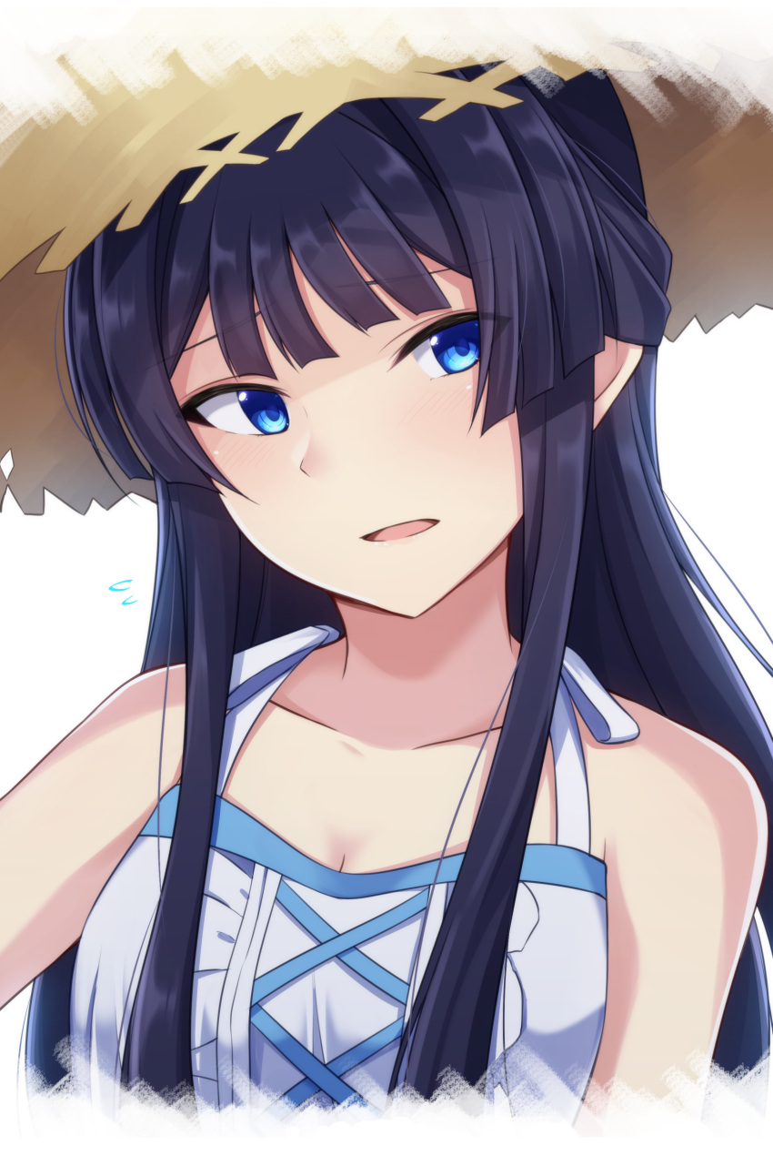 1girl absurdres bangs black_rabbit blue_eyes blue_hair breasts cleavage collarbone cropped_torso eyebrows_visible_through_hair head_tilt highres idolmaster idolmaster_million_live! long_hair looking_at_viewer medium_breasts mogami_shizuka open_mouth sleeveless solo upper_body very_long_hair white_background