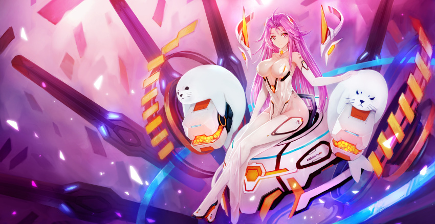 1girl 300_heroes absurdres ahoge android animal barcode_tattoo breasts collar commentary_request dress elbow_gloves gloves highres large_breasts legs_crossed long_hair looking_at_viewer pelvic_curtain pink_hair red_eyes revealing_clothes seal see-through sitting slit_pupils solo strapless strapless_dress tattoo thigh-highs white_gloves white_legwear zhuore_zhi_hen