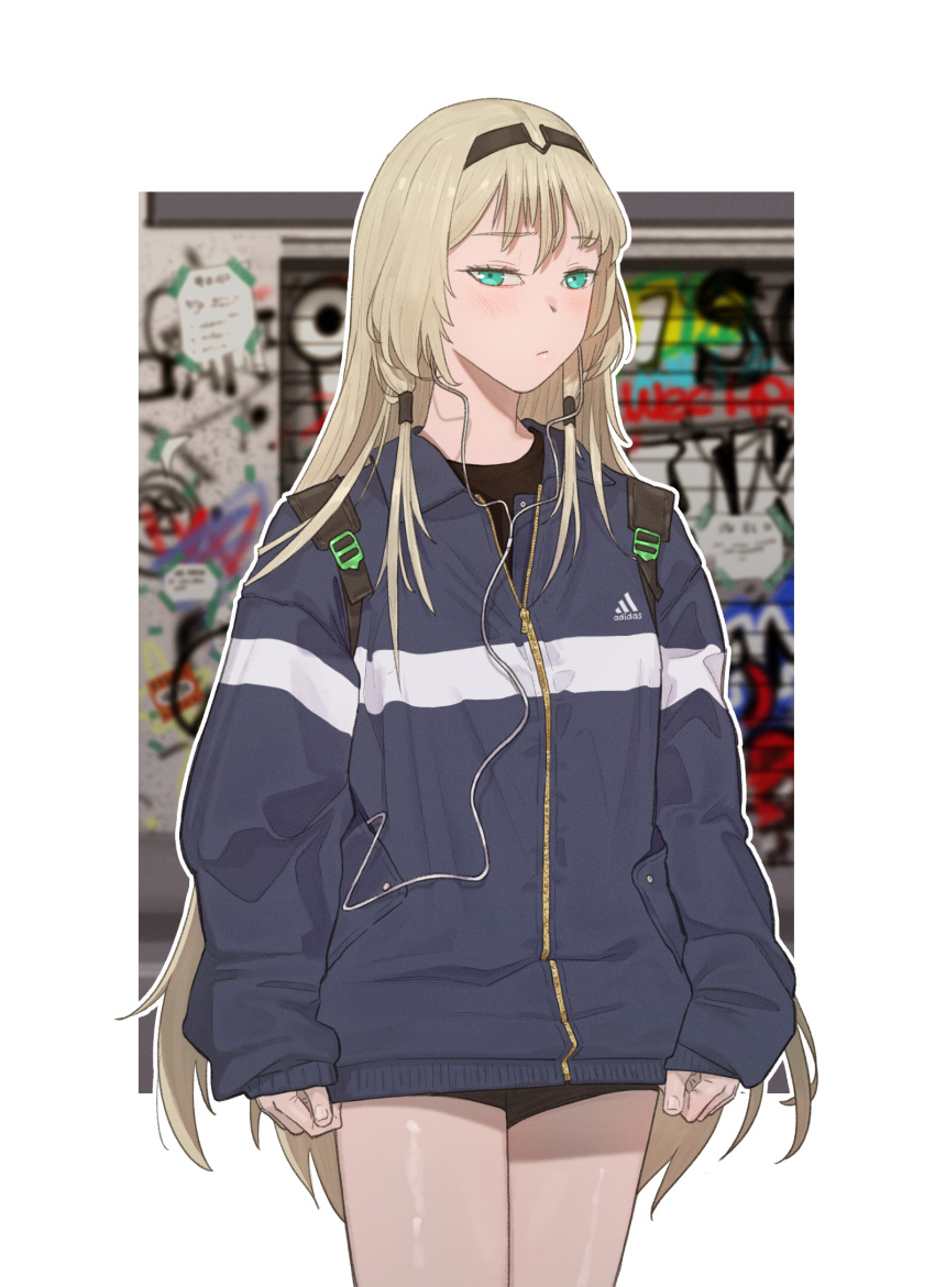1girl an-94_(girls_frontline) blonde_hair blurry blurry_background blush earphones girls_frontline graffiti green_eyes hair_tubes hairband highres huqu jacket long_hair looking_at_viewer short_shorts shorts sleeves_past_wrists solo track_jacket