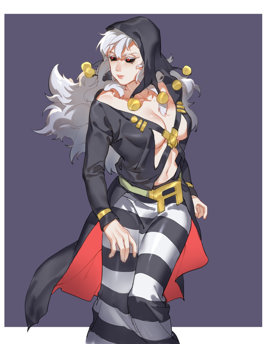 1girl belt_buckle black_sclera breasts buckle genderswap genderswap_(mtf) grey_hair hat highres iroha741852963 jojo_no_kimyou_na_bouken long_hair pants red_eyes risotto_nero solo striped striped_pants under_boob vento_aureo